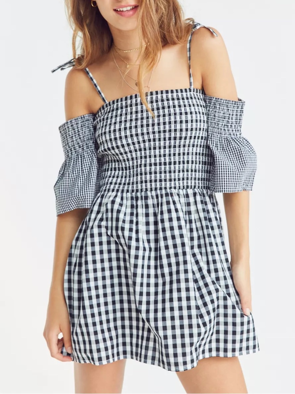 Urban Outfitters Vetiver Off-Shoulder Gingham Mini Dress
